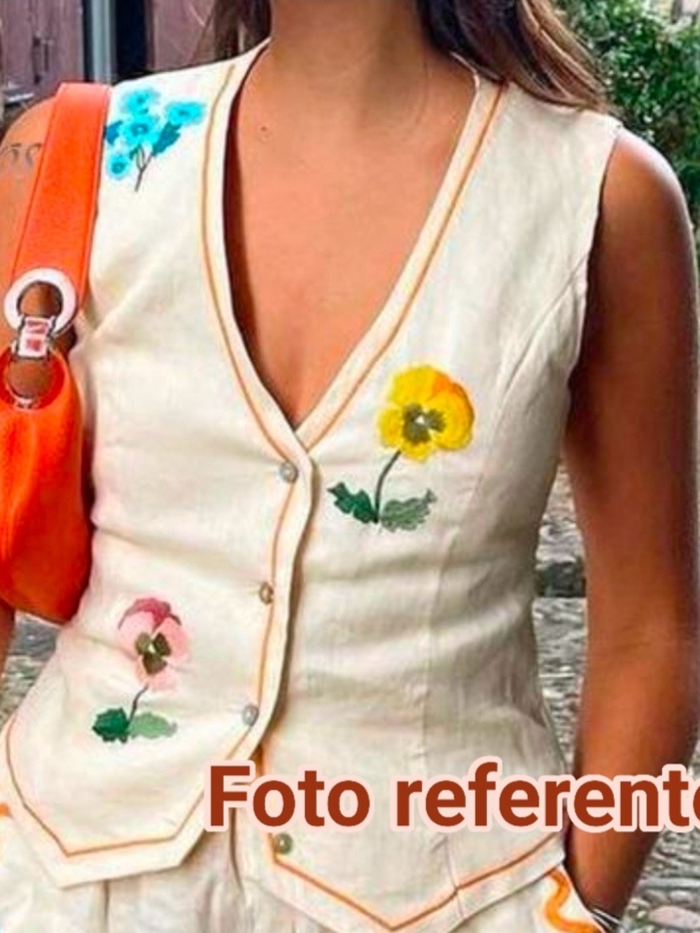Embroidered Floral Cream Linen Vest with Orange Trim. S